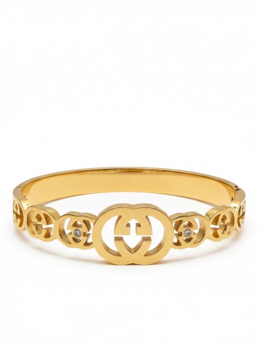 Designer Gold tone Interlocking Logo stainless steel Cutout Bangle Bracelet new